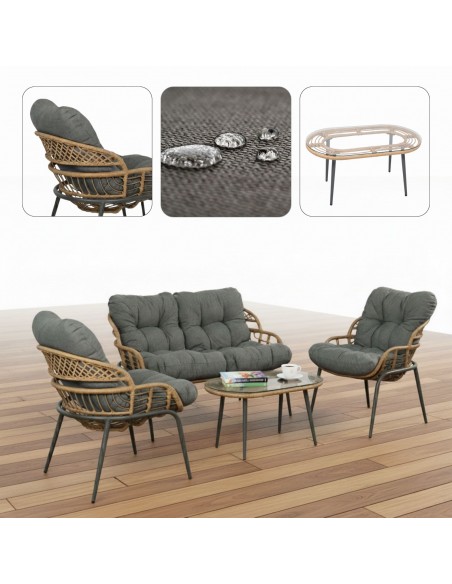 Elegancki zestaw mebli ogrodowych wypoczynkowych w stylu skandynawskim Meven Bari sofa, stolik kawowy, 2xfotel 