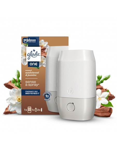 Glade® ONE Sense & Spray - Sensual Sandalwood & Jasmine, automatyczny odświeżacz powietrza urządzenie + wkład + baterie 