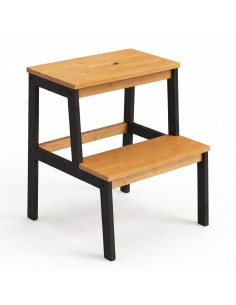 Taboret stołek bambusowy ze stopniem Allivio – czarny stelaż, podest dwupoziomowy do kuchni, łazienki, garderoby 43 x 39 x 50 cm 