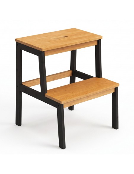Taboret stołek bambusowy ze stopniem Allivio – czarny stelaż, podest dwupoziomowy do kuchni, łazienki, garderoby 43 x 39 x 50 cm 