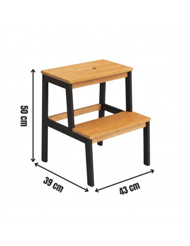 Taboret stołek bambusowy ze stopniem Allivio – czarny stelaż, podest dwupoziomowy do kuchni, łazienki, garderoby 43 x 39 x 50 cm  2