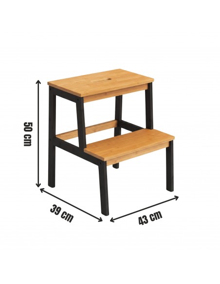 Taboret stołek bambusowy ze stopniem Allivio – czarny stelaż, podest dwupoziomowy do kuchni, łazienki, garderoby 43 x 39 x 50 cm  2