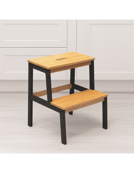 Taboret stołek bambusowy ze stopniem Allivio – czarny stelaż, podest dwupoziomowy do kuchni, łazienki, garderoby 43 x 39 x 50 cm  3