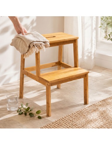 Taboret bambusowy ze stopniem Allivio – podest, stołek dwupoziomowy do kuchni, łazienki, garderoby 43x39x50 cm naturalny  2