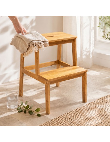 Taboret bambusowy ze stopniem Allivio – podest, stołek dwupoziomowy do kuchni, łazienki, garderoby 43x39x50 cm naturalny  2