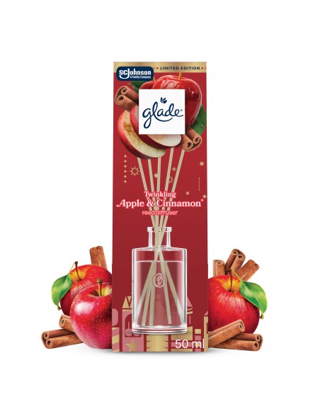 Świąteczny zimowy Glade® Reed Diffuser - Twinkling Apple & Cinnamon, odświeżacz powietrza pachnące patyczki 50 ml 
