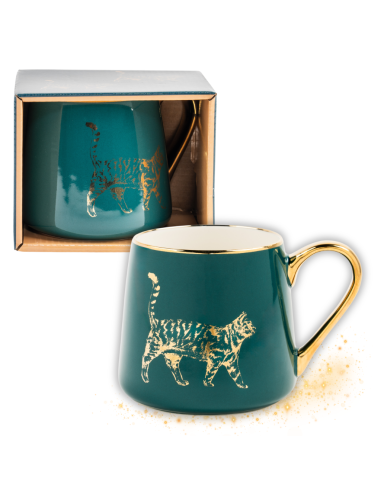 Porcelanowy kubek z kotem ze złotymi zdobieniami zapakowany na prezent 550 ml